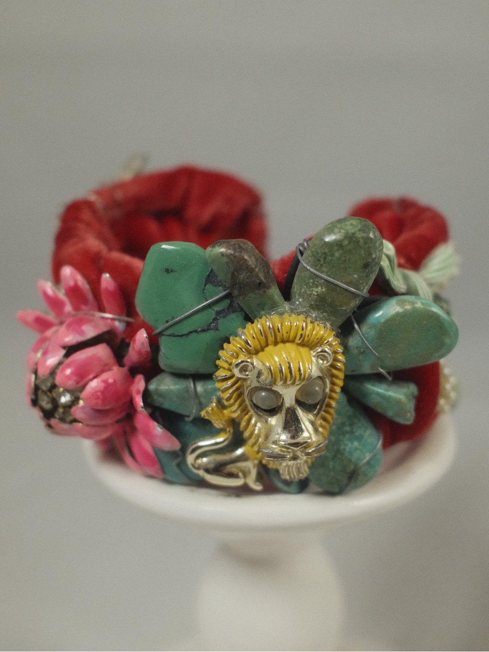 Artisan Turquoise & Pink Floral Statement Cuff Bracelet with Lion Accent
